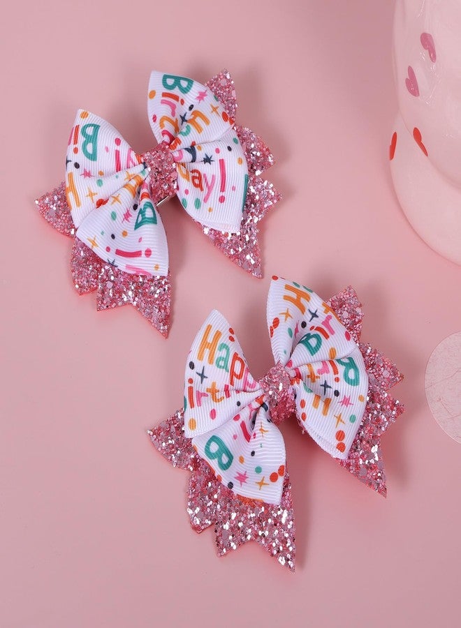 KCHIES 3.5" Birthday Bow Hair Clips for Girls 1 2 3 4 5 6 Years Glitter Pink Ribbon Bowknot Barrettes Alligator Pins for Teens ToddlerKids Happy Birthday Party Dress Decor Accessories Gift - Image 2